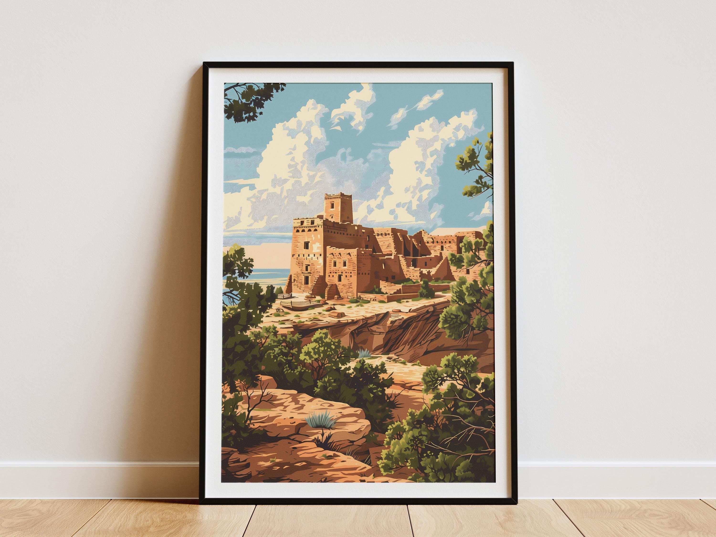 Póster del Parque Nacional Mesa Verde, póster de viaje vintage, viviendas en los acantilados, impresión artística de Colorado, arte paisajístico del suroeste.