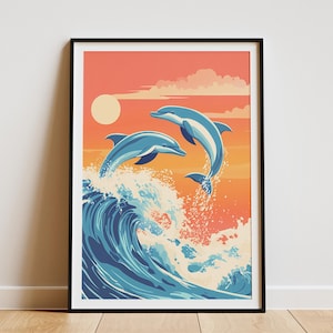 Ozean Delfine Poster Delfine springen Ozeanwelle Druck Sommer Strand Kunst Küsten Wand Dekor Nautische Themen Ozean Tier Poster Meereslebewesen