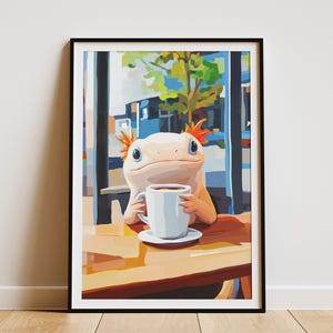 Impresión artística acogedora de Axolotl Cafe, lindo póster de anfibio, regalo para amantes del café, arte de pared de Axolotl, ilustración animal única, decoración del hogar, escena de cafetería