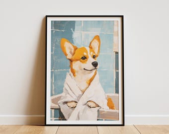 May include: Framed art print of a Corgi dog in a bathtub, wrapped in a white towel. The dog has orange and white fur and is set against a blue tiled background. The artwork is in a black frame and is displayed on a white wall.