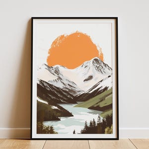 Orange Sonnenuntergang Bergspitze Landschaft Kunstdruck Moderne minimalistische Natur Wanddekor Verschneite Bergkette Poster See und Waldlandschaft