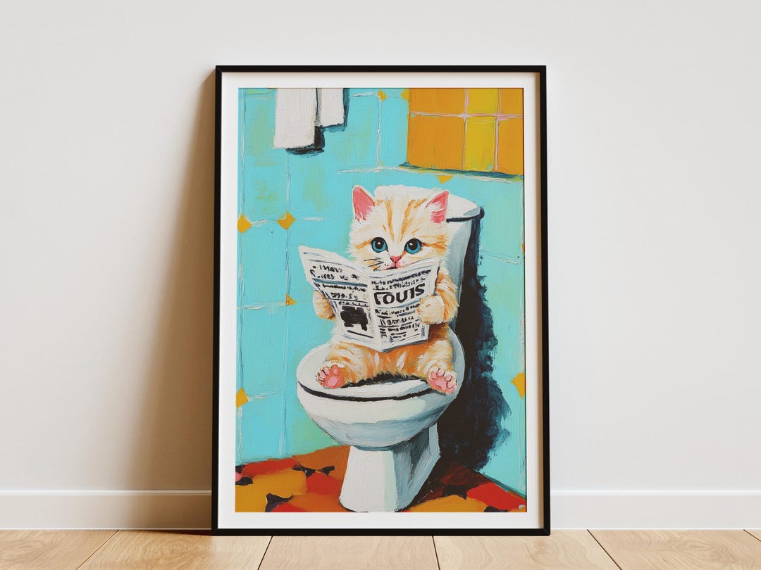 Ragdoll Kitten on Toilet Newspaper Poster Print Funny Cat Art Print ...