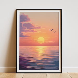 Póster de puesta de sol en el océano, impresión de mar en calma, arte de pared naranja y morado, decoración de playa, pintura de puesta de sol costera, obra de arte minimalista moderna, vibraciones de verano