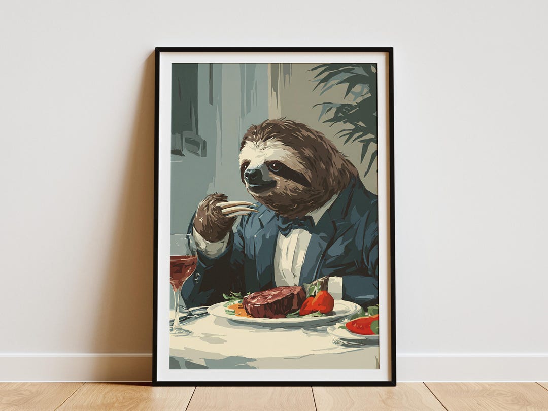 Whimsical Sloth in a Fancy Suit Enjoying a Gourmet Steak Dinner Digital ...