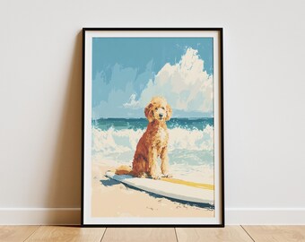 May include: Framed art print of a golden doodle dog on a surfboard at the beach. The background shows a blue sky, white clouds, and ocean waves. The artwork is in a painterly style, with a black frame.