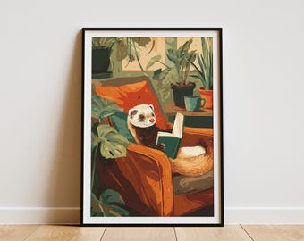 Cozy Ferret Reading Book Art Print Cute Animal in Armchair with Houseplants Illustration Unique Pet Lover Gift Den Library Wall Decor