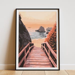 Escalera de madera Camino de playa Paisaje costero al atardecer Impresión artística Vista al mar Escalera al mar Decoración del hogar para vacaciones de verano Rosa Naranja Beige