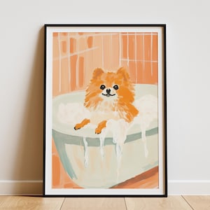 Pomeranian Dog Bathtub Art Print Cute Dog Poster Bathroom Wall Decor Puppy Art Dog Lover Gift Pet Portrait Funny Animal Print Home Decor