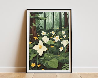 Trillium Woodland Poster Forest Flowers Botanical Art Print Spring Nature Wall Decor Whimsical Flower Illustration Modern Home Decor Green
