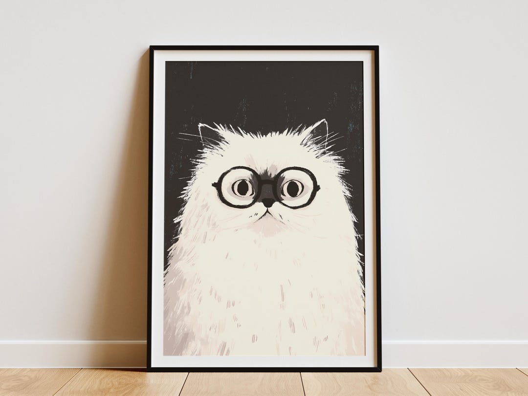 Charming Persian Cat With Glasses Wall Art Print Minimalist Animal Home ...