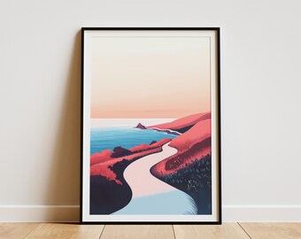 Pink Road Ocean Coastal Sunset Landscape Art Print Modern Minimalist Beach Road Poster Calm Ocean View Coastal Highway Travel Poster Road