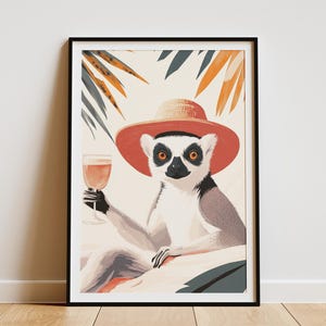 Lemur Cocktail Print Summer Vibes Poster Tropical Animal Art Modern Wall Decor Ring Tailed Lemur Illustration Funny Animal Poster Whimsical