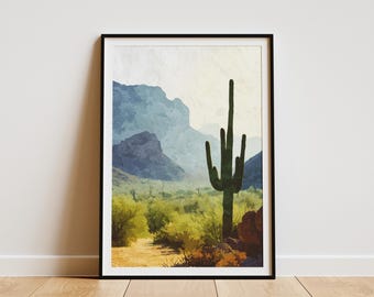 Saguaro Cactus Desert Landscape Print Arizona Wall Art Southwestern Nature Scene Vintage Travel Poster