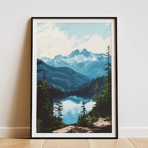 Póster del Parque Nacional Olímpico, impresión artística del estado de Washington, arte mural de viaje, decoración del hogar del Pacífico Noroeste PNW, pintura de paisaje de montaña