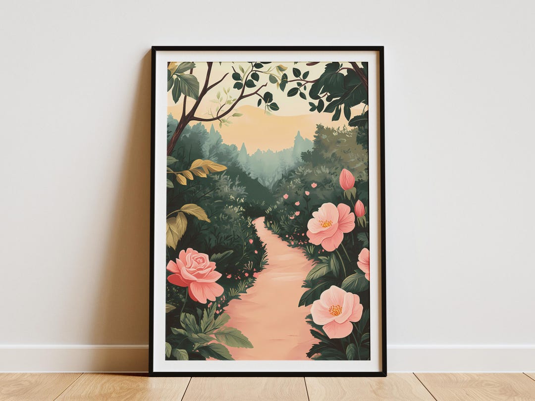 Pink Roses Forest Pink Roses Forest Path Poster Botanical Print Nature Wall Art Home ...