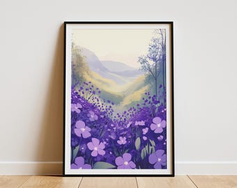 Misty Mountain Wild Violet Purple Flower Field Landscape Poster Art Print Botanical Nature Decor Home Decor Wall Art