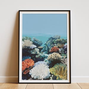 Póster panorámico de arrecife de coral submarino, arte de pared costero, impresión de peces tropicales, decoración del hogar oceánica, impresión de arte náutico, tema hawaiano