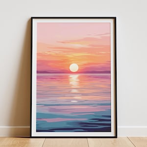 Poster mit rosa Sonnenuntergang am Meer, Strand-Sonnenuntergang-Wandbild, ruhiger Meeresdruck, Küstendekoration, moderne Sommerkunst, Meerblick, rosa Himmel, Sonnenuntergangsgemälde, Meereslandschaft