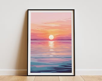 Pink Sunset Ocean Poster Beach Sunset Wall Art Calm Sea Print Coastal Decor Modern Summer Art Ocean View Pink Sky Sunset Painting Seascape