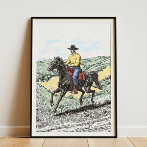 Vintage cowboy rijden paard over open prairie landschap print poster kunst aan de muur westerse scène landelijke platteland kunst voor interieur