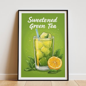 Sweetened Iced Green Tea Drink Poster Flatlay Illustration Green Tea Drink Poster Summer Drink Poster Beverage Poster Food Drink