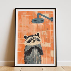 Simpatico procione sotto la doccia, dipinto, stampa artistica da bagno, poster di animali arancioni e grigi, moderno, divertente, decorazione da parete, regalo unico per la casa.