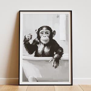 Chimpanzee Bathtub Poster Funny Bathroom Wall Art Animal Print Quirky Home Decor Monkey Bubble Bath Art Chimp Art Bathroom Humor Poster