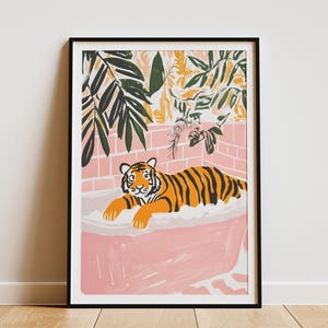 Tigre en una bañera Pintura de baño rosa Impresión de arte moderno Póster de animales en naranja, negro y blanco Decoración de baño de moda para el hogar