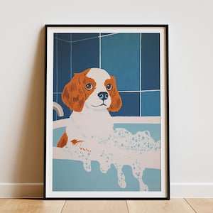 Cavalier King Charles Spaniel Puppy Dog in Foam Bath Wall Art Print Puppy Bathtub Poster Cute Dog Art Kids Bathroom Decor  Puppy Print