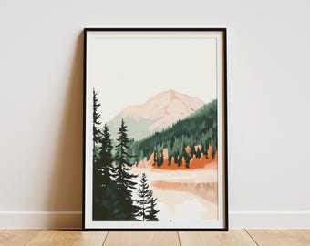 Plakat z jeziorem górskim Spokojny krajobraz jeziora Wydruk artystyczny Abstrakcyjna natura Dekoracja ścienna Spokojna scena leśna Nowoczesny minimalistyczny wystrój domu Spokojny
