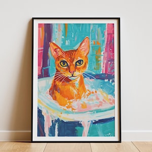 Póster de gato abisinio en la bañera, arte de pared para baño de mascotas, impresión artística de gato lindo, ilustración de animal caprichosa, decoración moderna para el hogar, divertido amante de los gatos