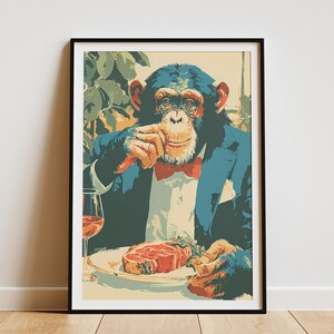 May include: A framed art print featuring a chimpanzee in a suit, seated at a table. The chimp is eating a steak and drinking wine. The artwork has a vintage style with a color palette of blue, red, and beige.