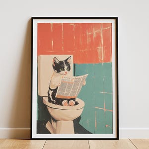 Póster de gatito siamés leyendo el periódico en el inodoro, divertido arte de gato, decoración de baño, ilustración de animal caprichosa, lindo gatito, arte de pared