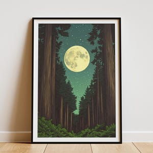 Redwood National Park Poster Moonlit Forest Art Print Vintage Style Travel Poster California Redwood Decor Nature Lover Gift Home Decor Art