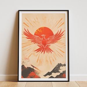 Póster de Phoenix Sunrise, pájaro mítico, impresión artística, naranja, rojo, decoración de pared estética, criatura fantástica, sol celestial, regalo espiritual, impresión en papel