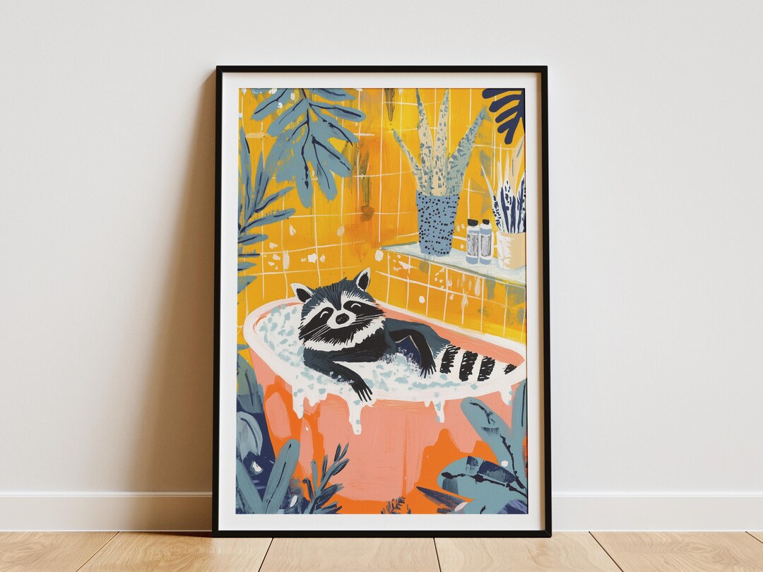 Cute Raccoon in a Bathtub Paper Poster Funny Animal Print Bathroom Wall ...
