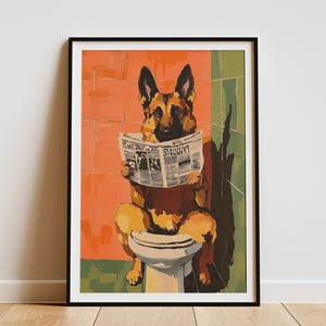Impresión artística de perro pastor alemán en el inodoro leyendo el periódico. Regalo divertido para amantes de los perros. Póster divertido de animales. Decoración de pared para baño. Impresión artística canina.