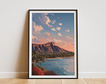 Diamond Head Crater Honolulu Hawaii Art Print Hawaiian Sunrise Beach Vacation Wall Art Tropical Island Decor Hawaii Travel Poster Waikiki