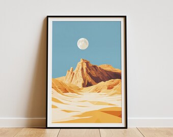 Farafra White Desert Egypt Flat Illustration Poster Print Modern Minimalist Geometric Desert Landscape Wall Art Whimsical Travel Home Decor