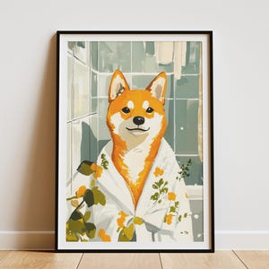 Shiba Inu Bathrobe Poster Bathroom Wall Art Dog Print Animal Lover Gift Funny Dog Art Japanese Dog Breed Pet Portrait Modern Art Print