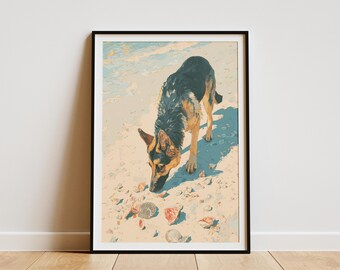 May include: Framed art print of a German Shepherd dog on a beach, sniffing at seashells. The dog has black and tan fur, and the artwork is in a painterly style with a black frame. The beach has a light blue and beige color palette.