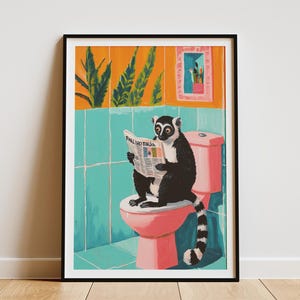 Lemur Reading Newspaper on Toilet Bathroom Wall Art Print Funny Animal Poster Modern Cute Primate Home Decor Gift