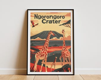 Ngorongoro Crater Tanzania Giraffe Poster Wildlife Animal Print Africa Travel Poster Mid Century Modern Art