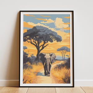 Póster de elefante de Zambia Impresión de safari africano Ilustración del Parque Nacional South Luangwa Póster de viaje vintage Póster de animales de arte de vida salvaje