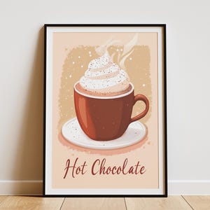 Cartaz de bebida de chocolate quente, chantilly, cacau, xícara de café, bebida, ilustração plana, impressão, arte de parede, decoração de casa, decoração de cozinha, bebida aconchegante de inverno
