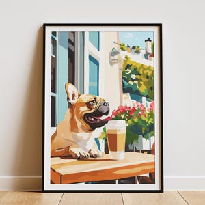 Póster de café con bulldog francés, impresión artística de café francés, regalo para amantes de los perros, arte moderno de cocina, decoración de pared de cafetería acogedora, póster de animal lindo, hogar único