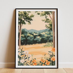 Bergwald Lichtung Wildblumen Poster Landschaft Kunstdruck Botanische Natur Illustration Wohnkultur Wand Kunst Poster