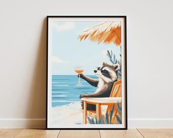 Summer Beach Raccoon Poster Coastal Animal Art Print Funny Raccoon Illustration Cute Wildlife Decor Ocean Animal Poster Funny Summer Art