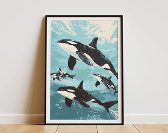 Orca Whales Ocean Poster Print Modern Whale Art Aquatic Mammal Wall Decor Blue and White Orca Illustration Ocean Life Poster