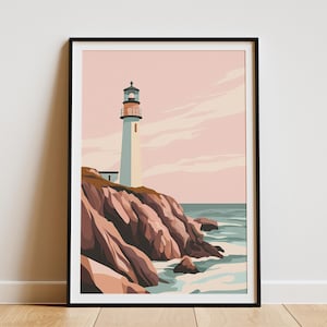 Impresión artística costera con faro en colores pastel, póster con vista al océano, decoración de casa de playa, obra de arte del mar en calma, pintura moderna de faro, paisaje de atardecer rosa